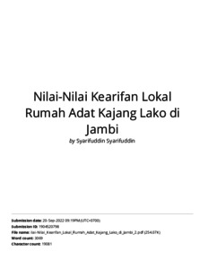 Nilai-Nilai Kearifan Lokal Rumah Adat Kajang Lako Di Jambi (Similarity ...